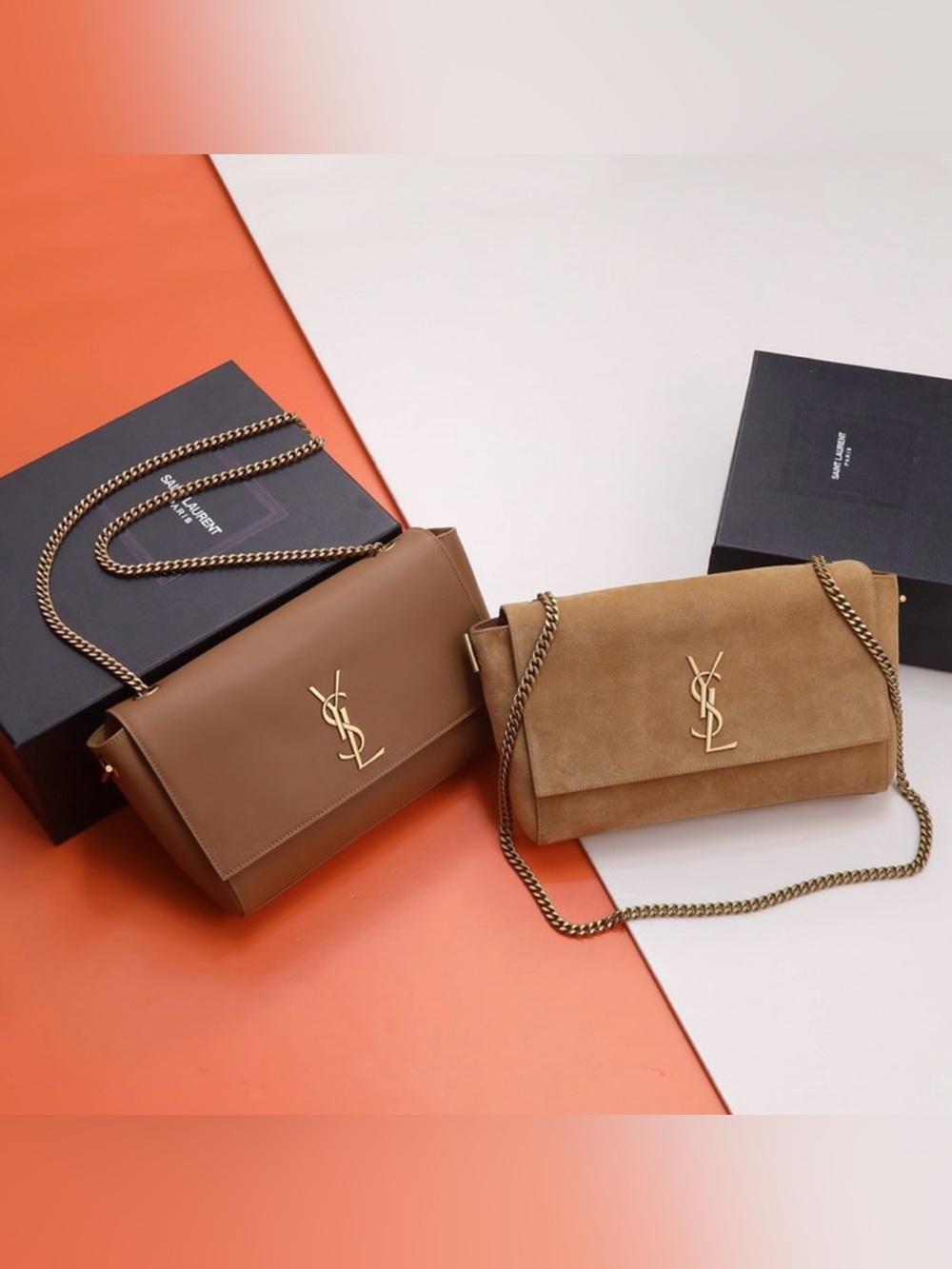 YSL Smooth Calfskin Suede Medium Reversible Monogram Kate Satchel Light Ochre